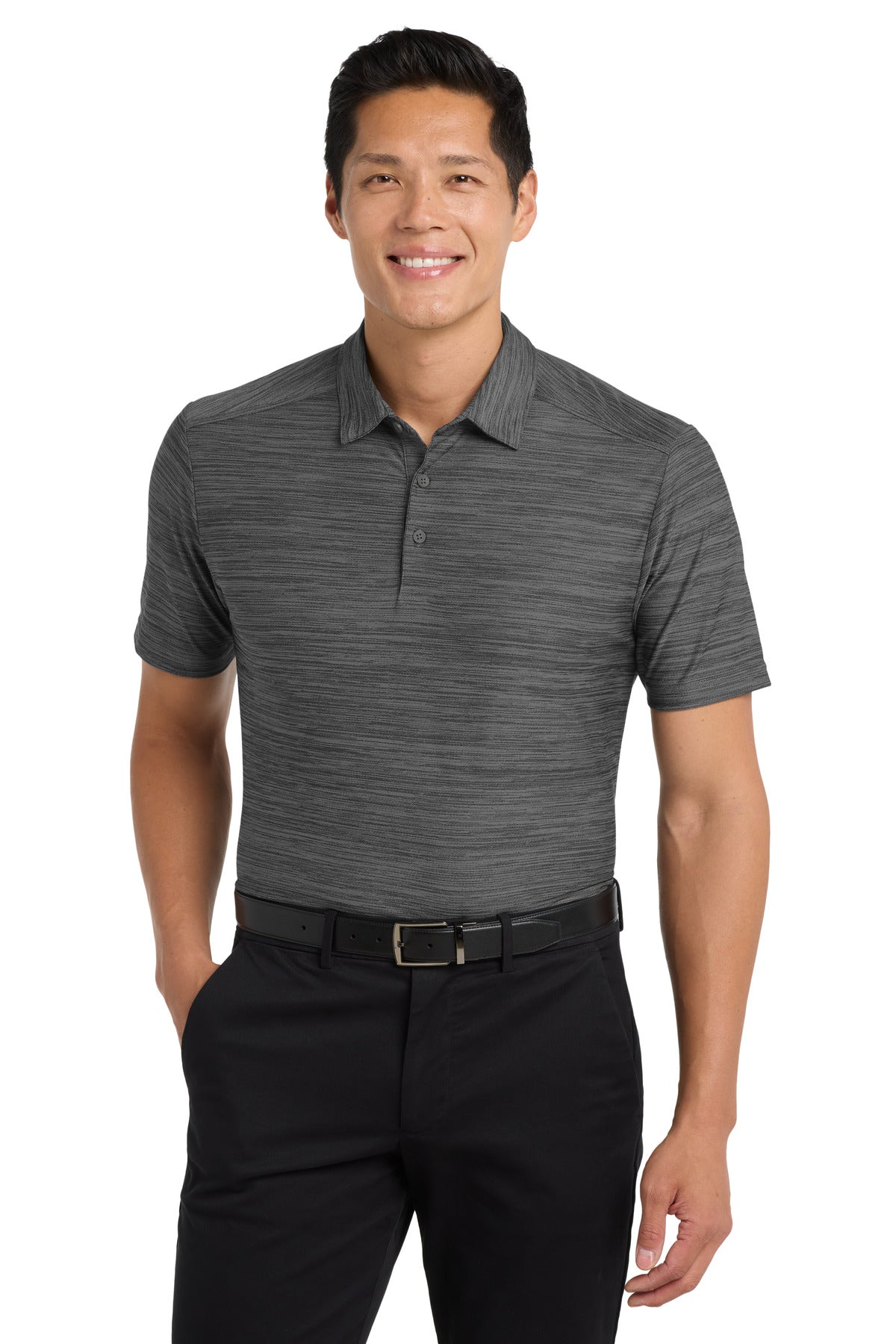DISCONTINUED Port Authority Stretch Heather Polo K583 - Black/ Thunder Grey - front