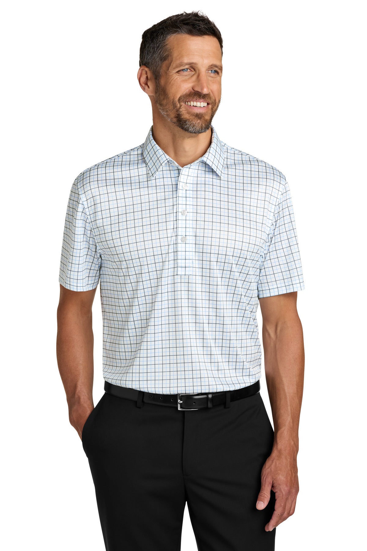 Port Authority Shirt Collar Polo K700 - Black/ Carolina Blue Check - front