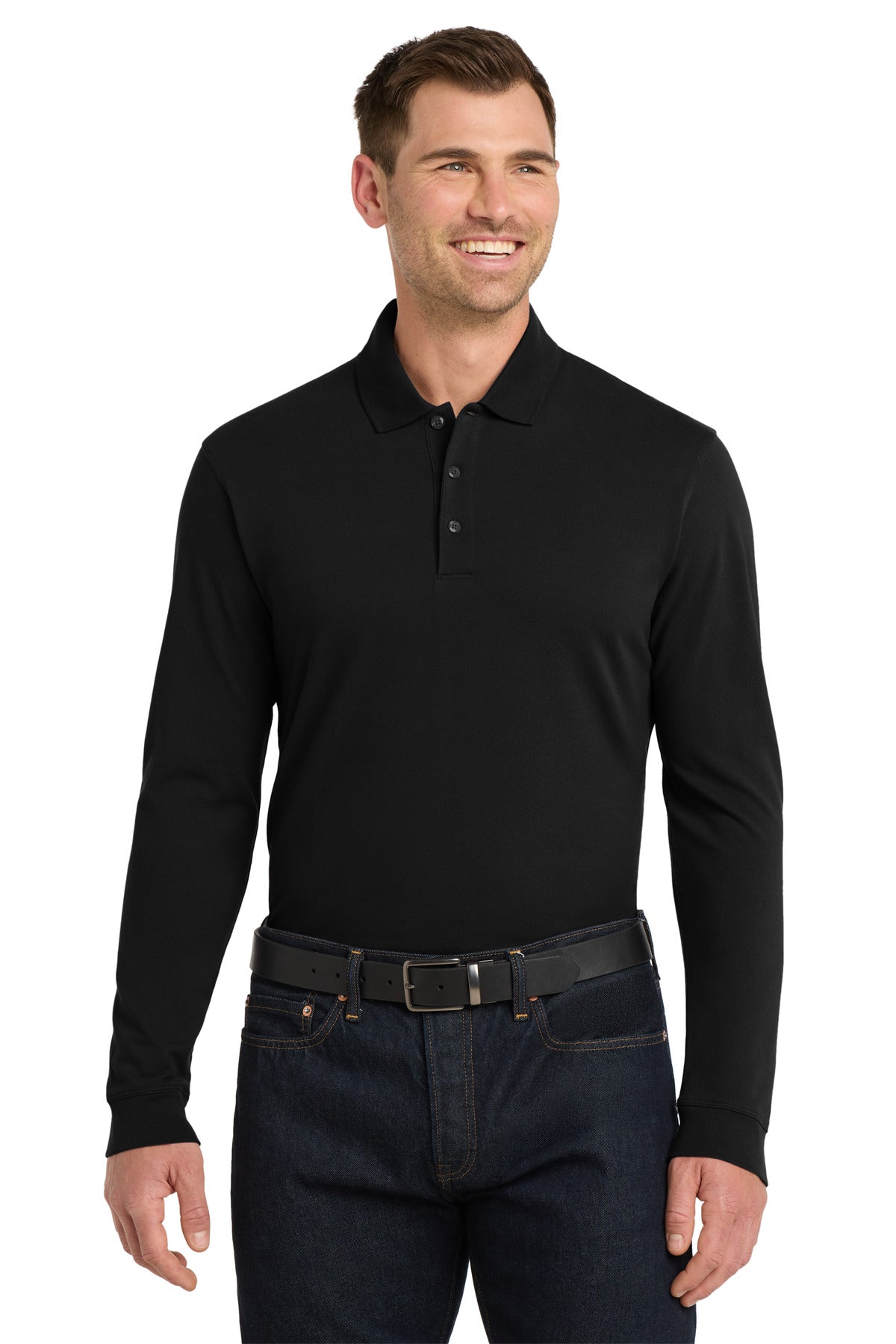 Port Authority EZCotton Long Sleeve Polo. K8000LS - Black - front