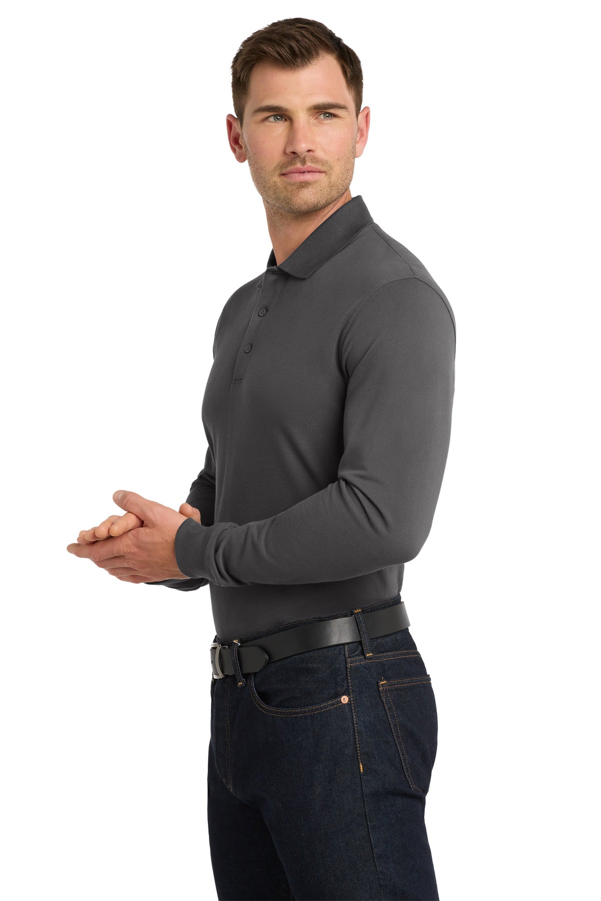 Port Authority EZCotton Long Sleeve Polo. K8000LS - Sterling Grey - side