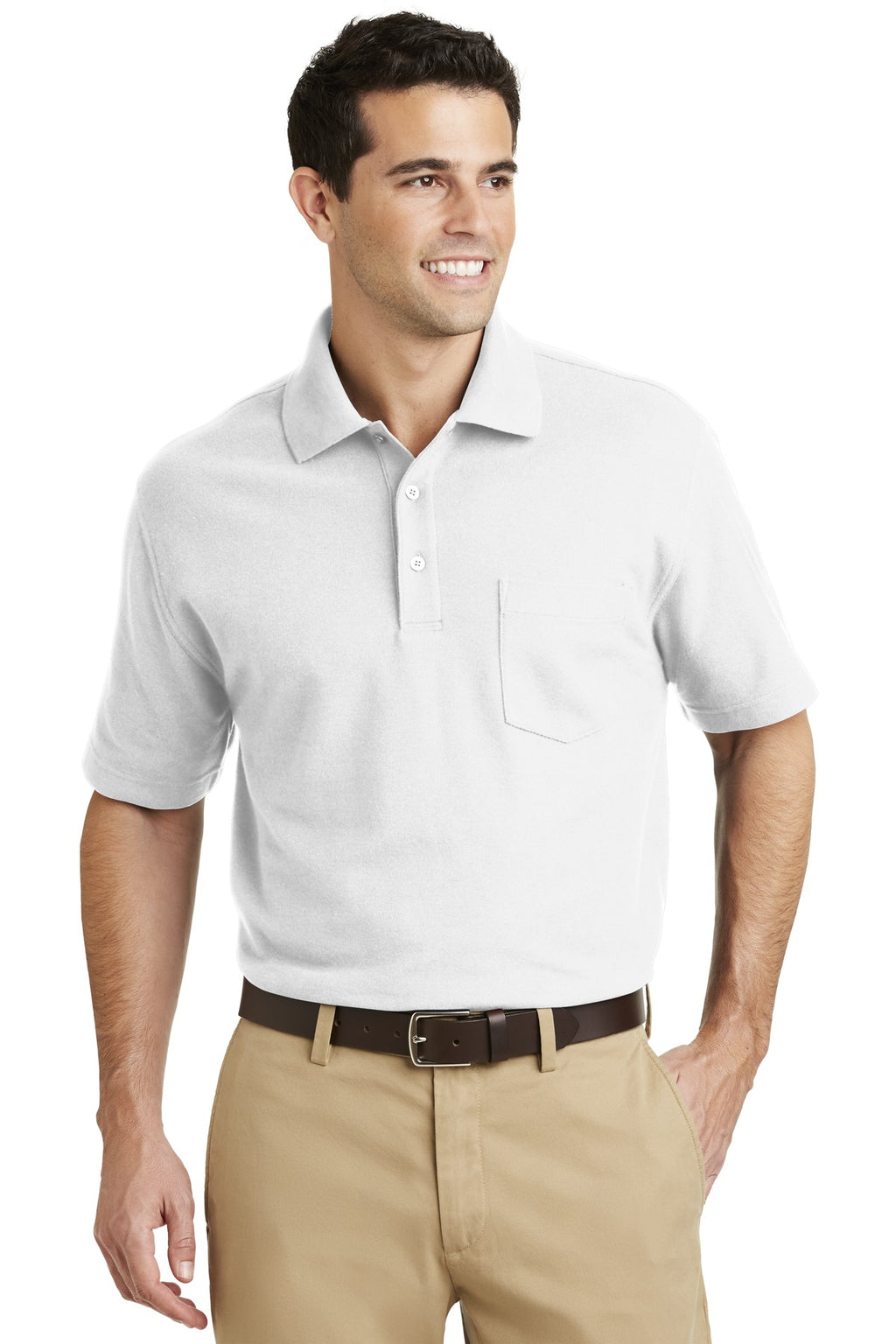 DISCONTINUED Port Authority EZCotton Pique Pocket Polo. K800P - White - front