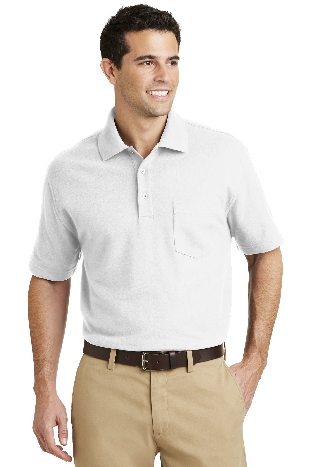 DISCONTINUED Port Authority EZCotton Pique Pocket Polo. K800P - White - front