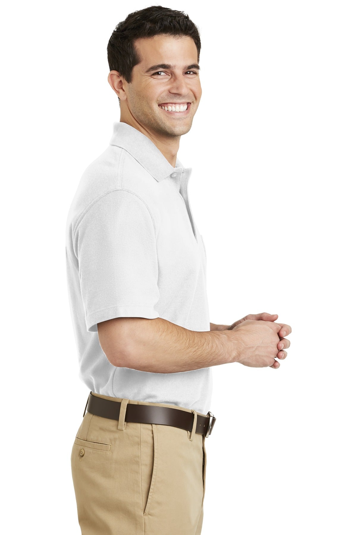DISCONTINUED Port Authority EZCotton Pique Pocket Polo. K800P - White - side