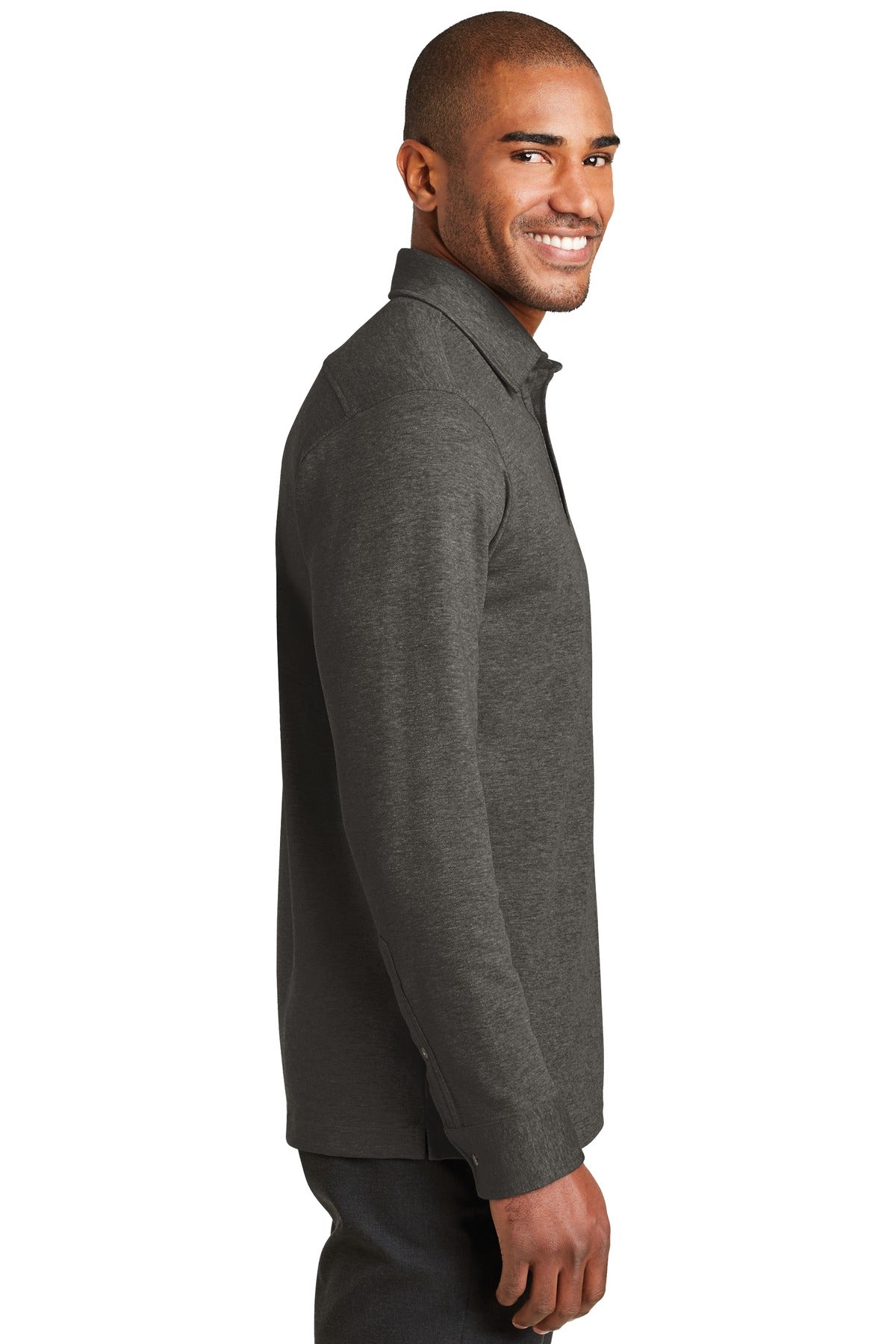 DISCONTINUED Port Authority Interlock Polo Cover-Up. K808 - Charcoal Heather/ Medium Heather Grey - side
