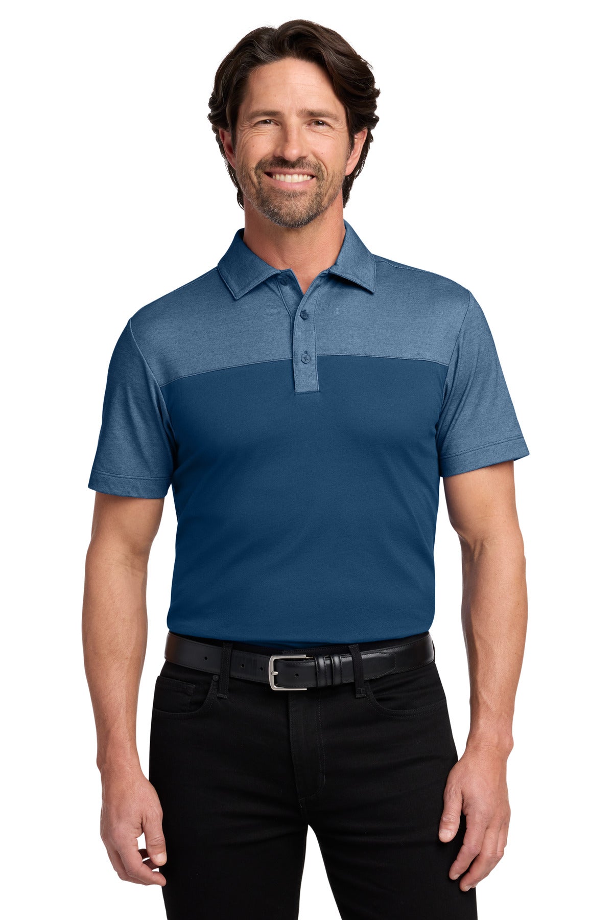Port Authority Fine Pique Blend Blocked Polo K831 - Aegean Blue/ Aegean Blue Heather - front