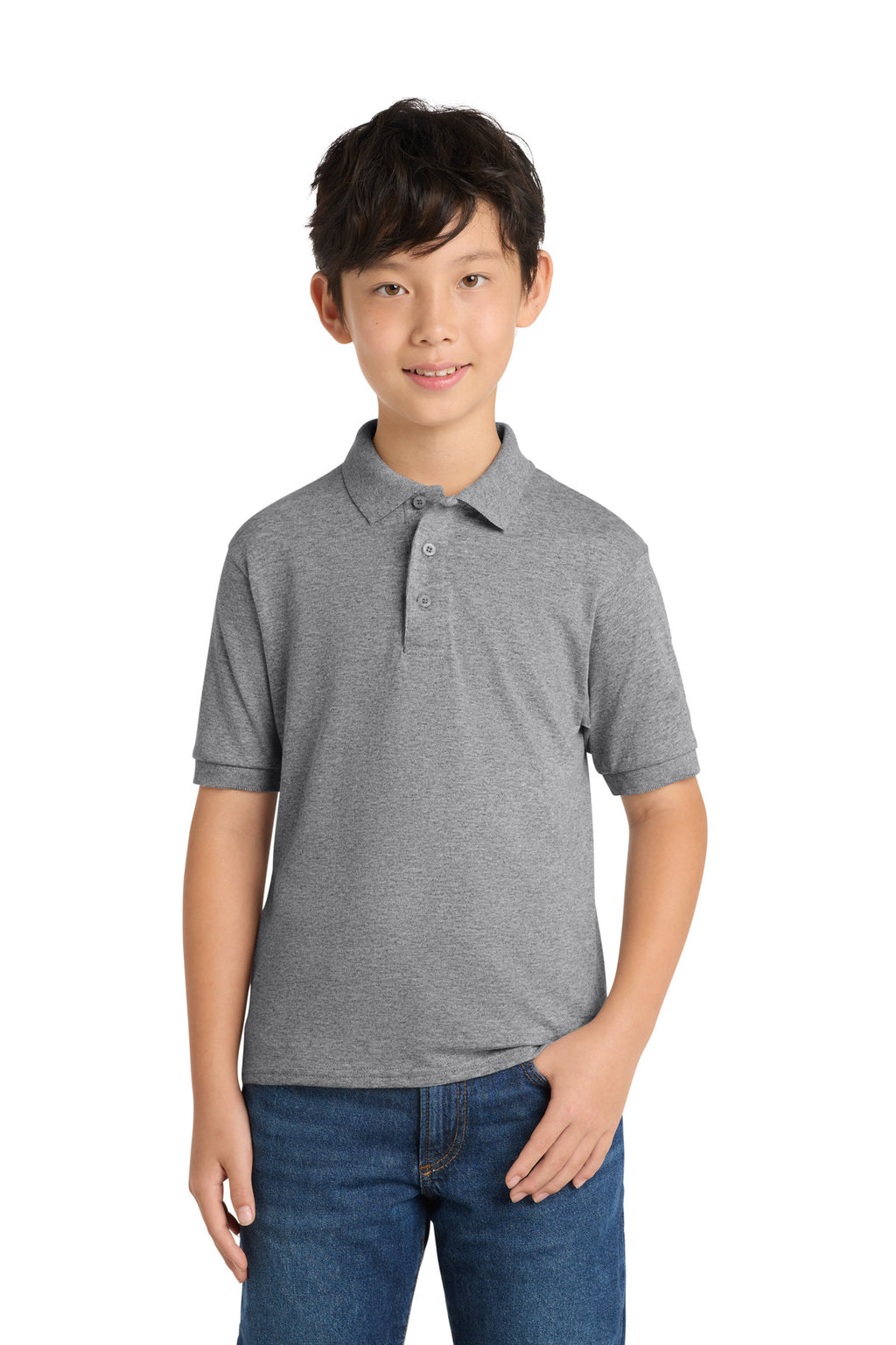 Port & Co Youth Core Blend Jersey Knit Polo. KP55Y - Athletic Heather - front