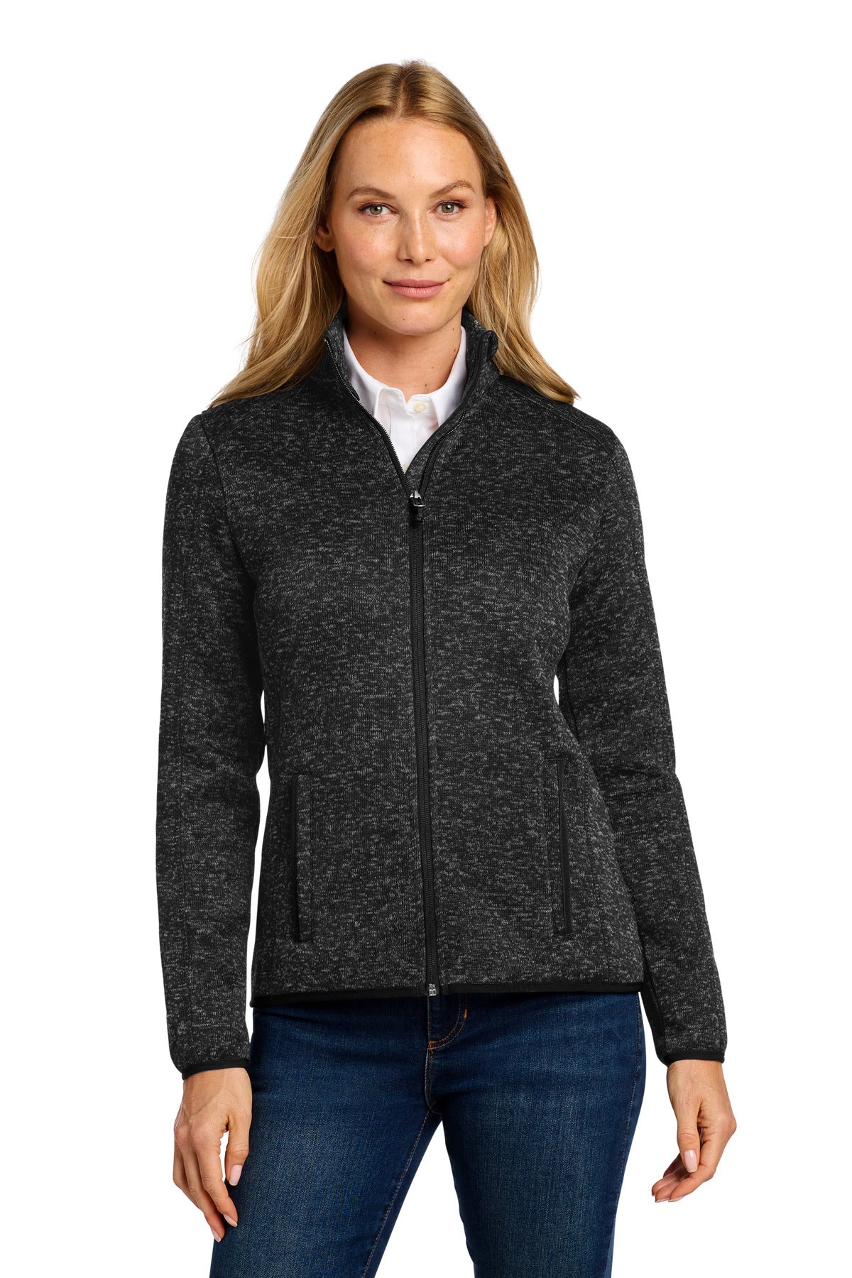 Port Authority Women's Sweater Fleece Jacket. L232 - Black Heather - front