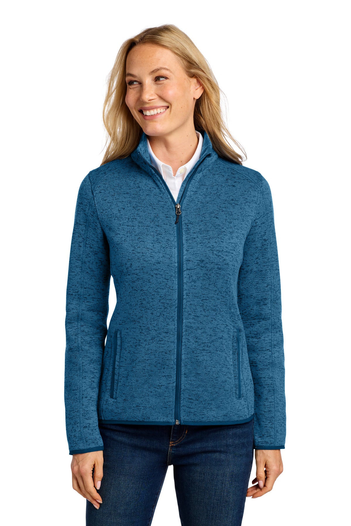 Port Authority Women's Sweater Fleece Jacket. L232 - Medium Blue Heather - front