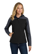 Port Authority Women's Hooded Core Soft Shell Jacket. L335 - Black/ Battleship Grey - front