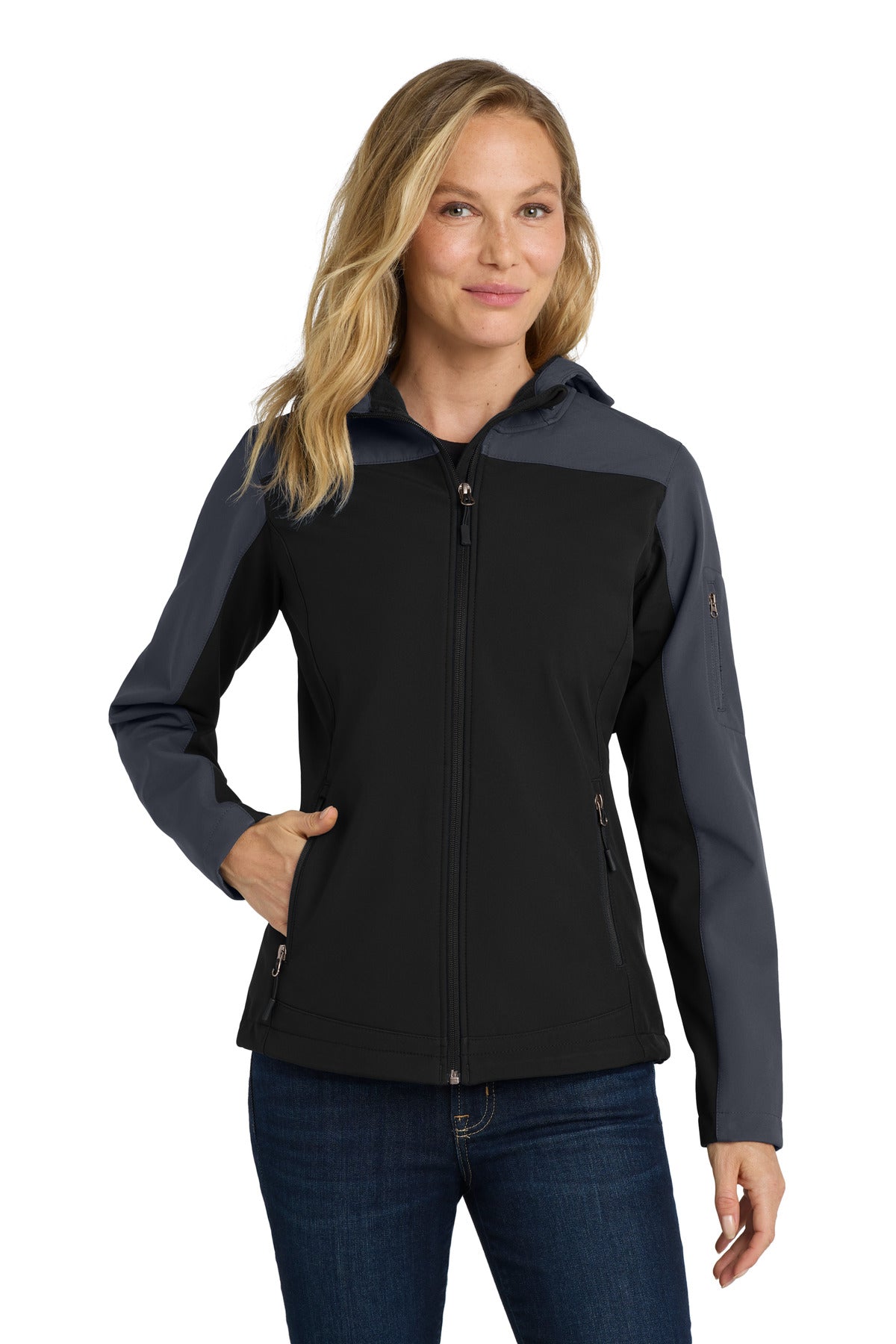 Port Authority Women's Hooded Core Soft Shell Jacket. L335 - Black/ Battleship Grey - front