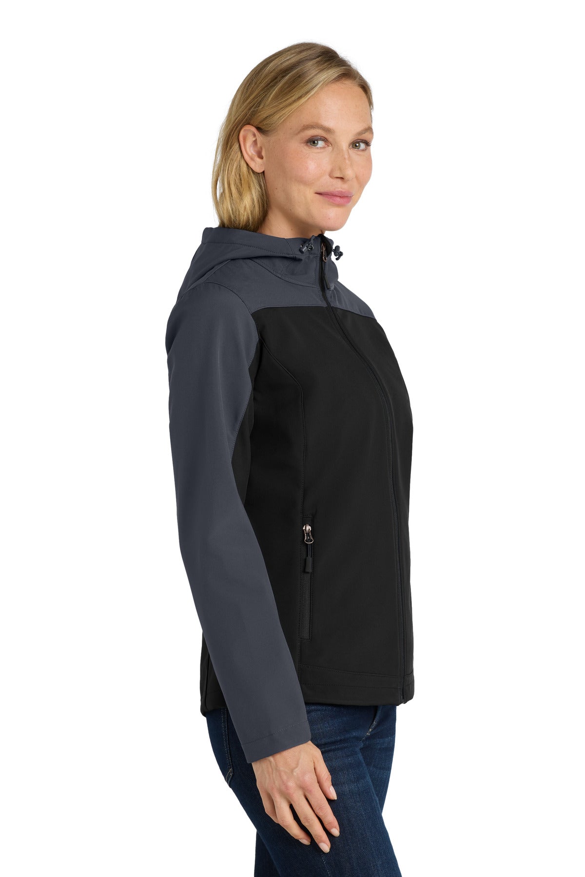 Port Authority Women's Hooded Core Soft Shell Jacket. L335 - Black/ Battleship Grey - side