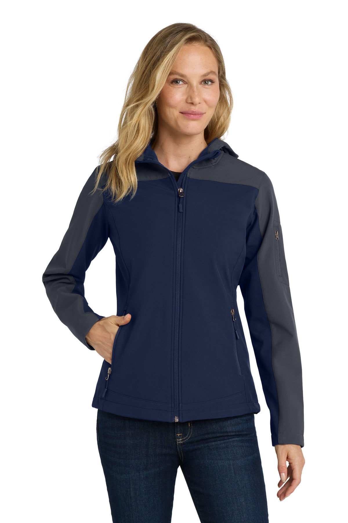 Port Authority Women's Hooded Core Soft Shell Jacket. L335 - Dress Blue Navy/ Battleship Grey - front