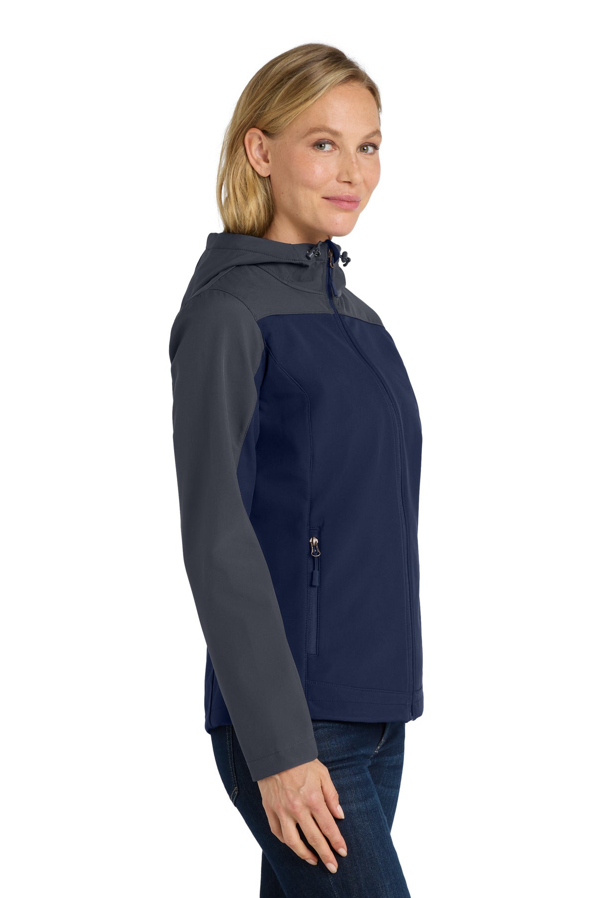 Port Authority Women's Hooded Core Soft Shell Jacket. L335 - Dress Blue Navy/ Battleship Grey - side