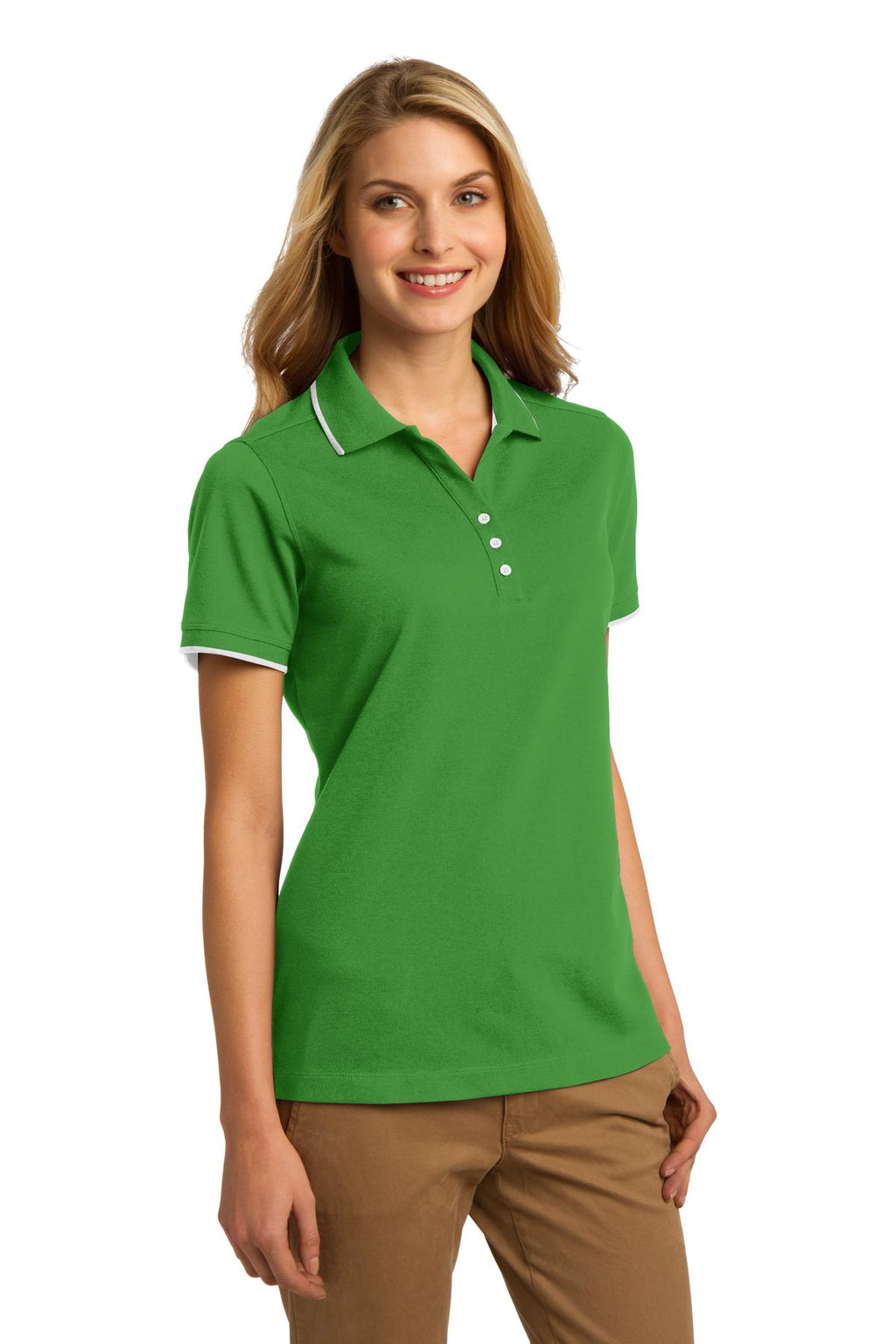 DISCONTINUED Port Authority Ladies Rapid Dry Tipped Polo. L454 - Vine Green/ White - three_q