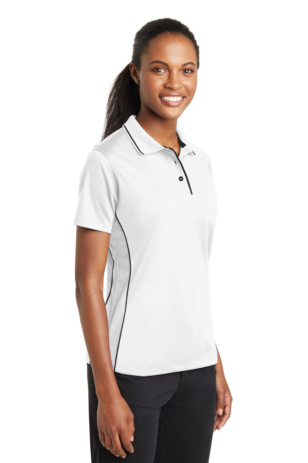 DISCONTINUED Sport-Tek Ladies Dri-Mesh Polo with Tipped Collar and Piping. L467 - White/Black - three_q