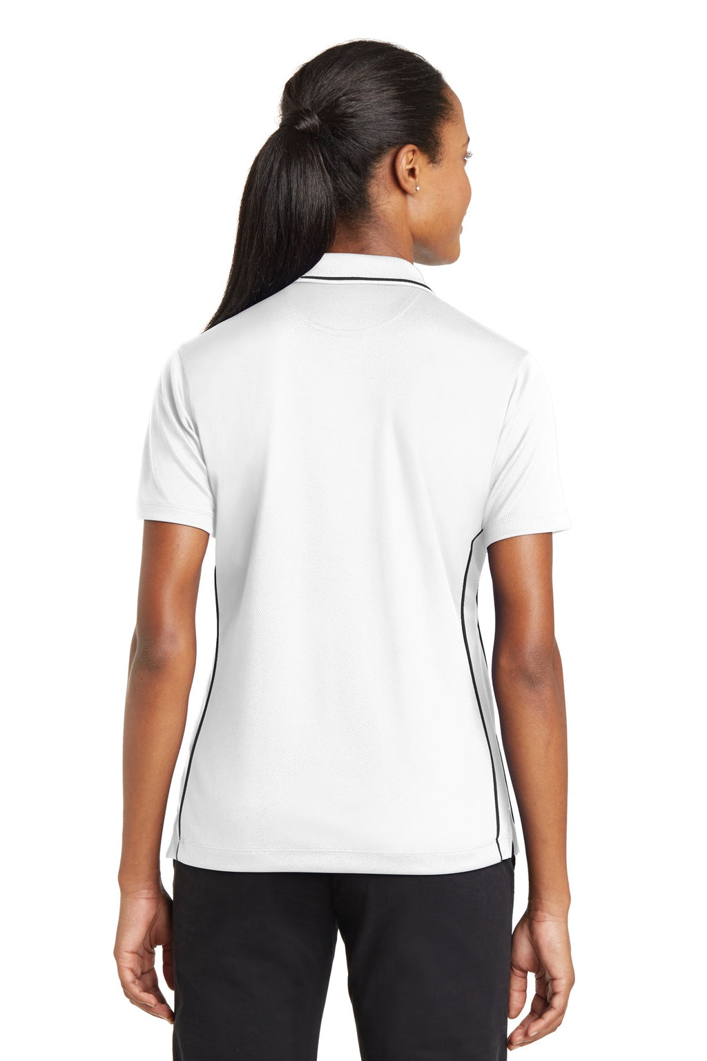 DISCONTINUED Sport-Tek Ladies Dri-Mesh Polo with Tipped Collar and Piping. L467 - White/Black - back