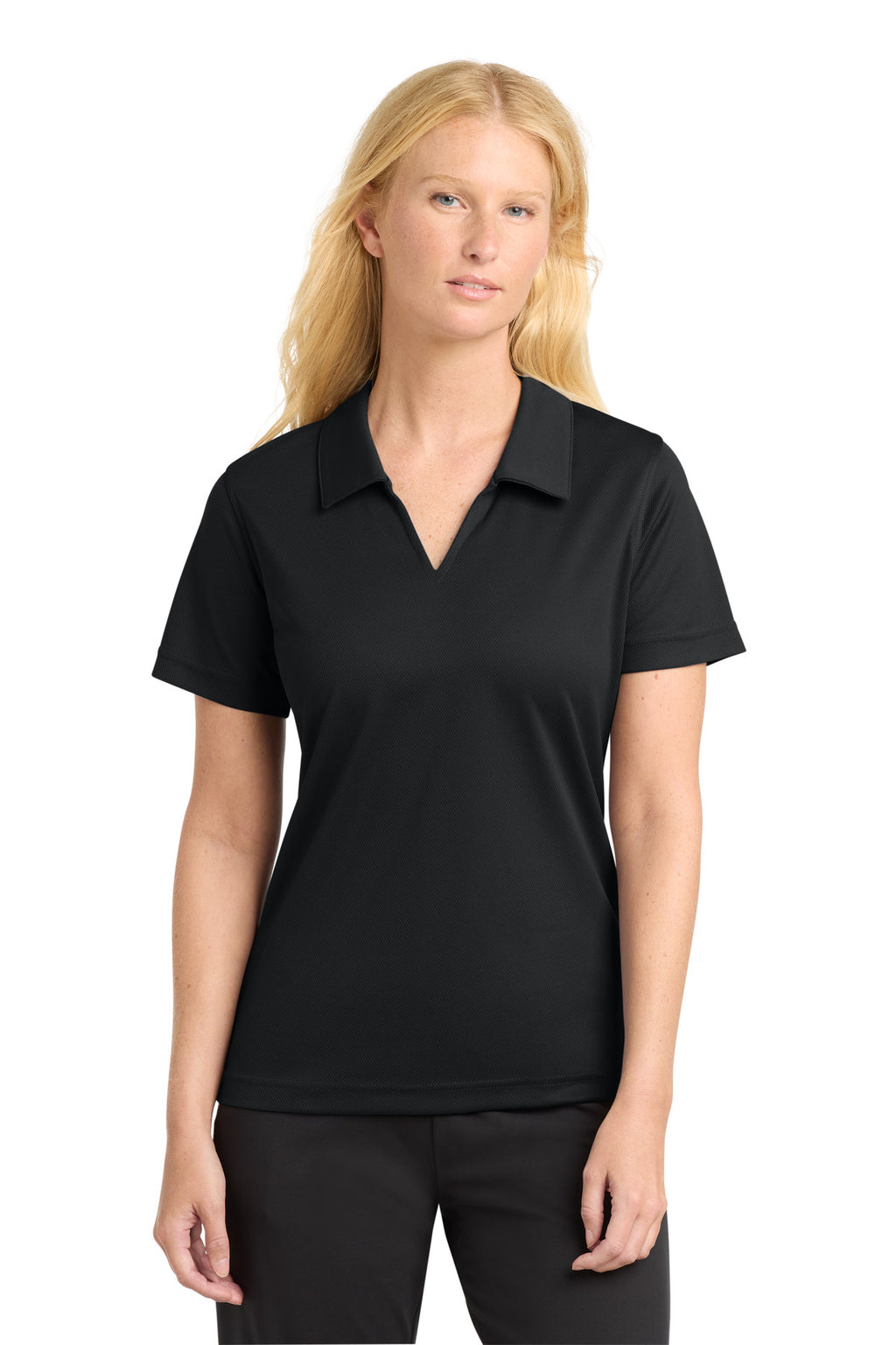 Sport-Tek Women's Dri-Mesh V-Neck Polo. L469 - Black - front