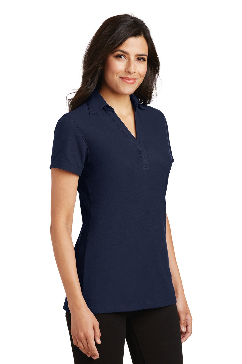 DISCONTINUED Port Authority Ladies Silk Touch Y-Neck Polo. L5001 - Navy - three_q