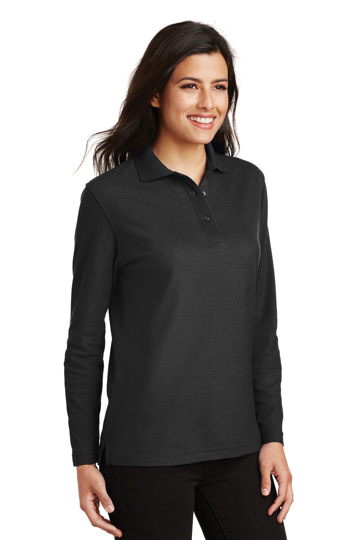 Port Authority Women's Silk Touch Long Sleeve Polo. L500LS - Black - three_q