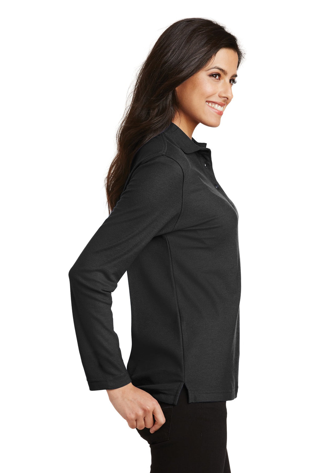 Port Authority Women's Silk Touch Long Sleeve Polo. L500LS - Black - side