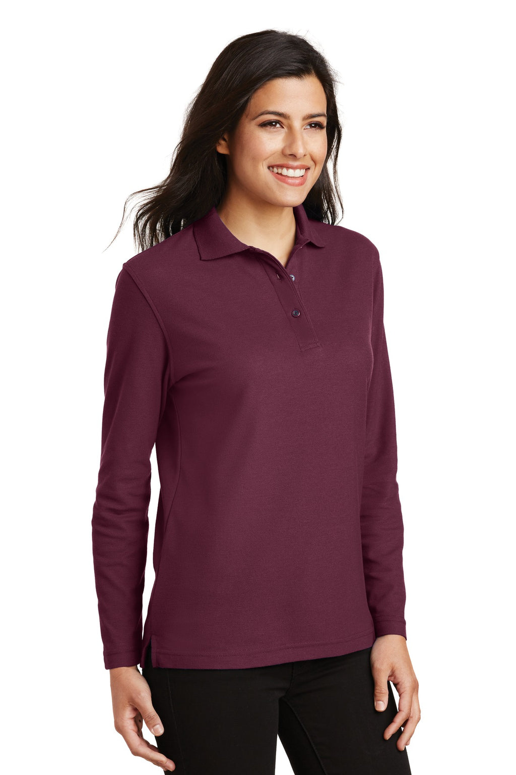 Port Authority Women's Silk Touch Long Sleeve Polo. L500LS - Burgundy - three_q