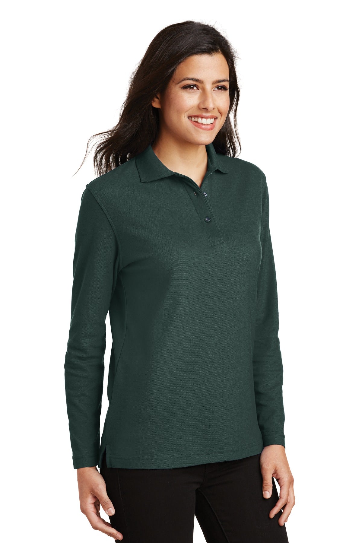 Port Authority Women's Silk Touch Long Sleeve Polo. L500LS - Dark Green - three_q