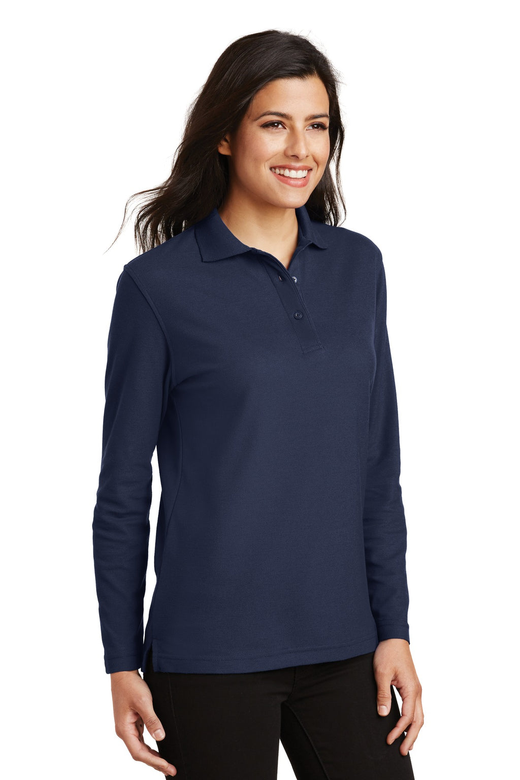 Port Authority Women's Silk Touch Long Sleeve Polo. L500LS - Navy - three_q