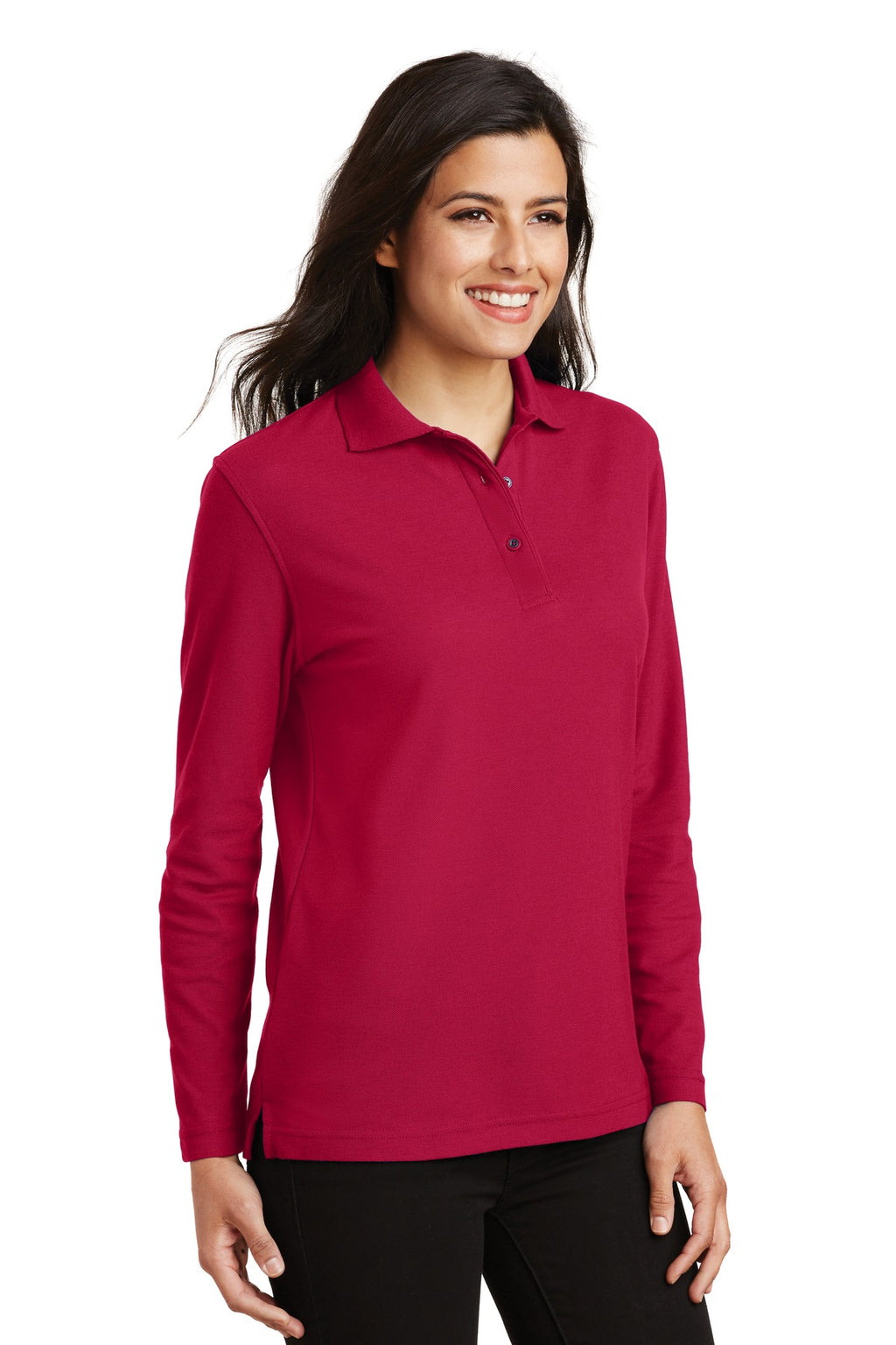 Port Authority Women's Silk Touch Long Sleeve Polo. L500LS - Red - three_q