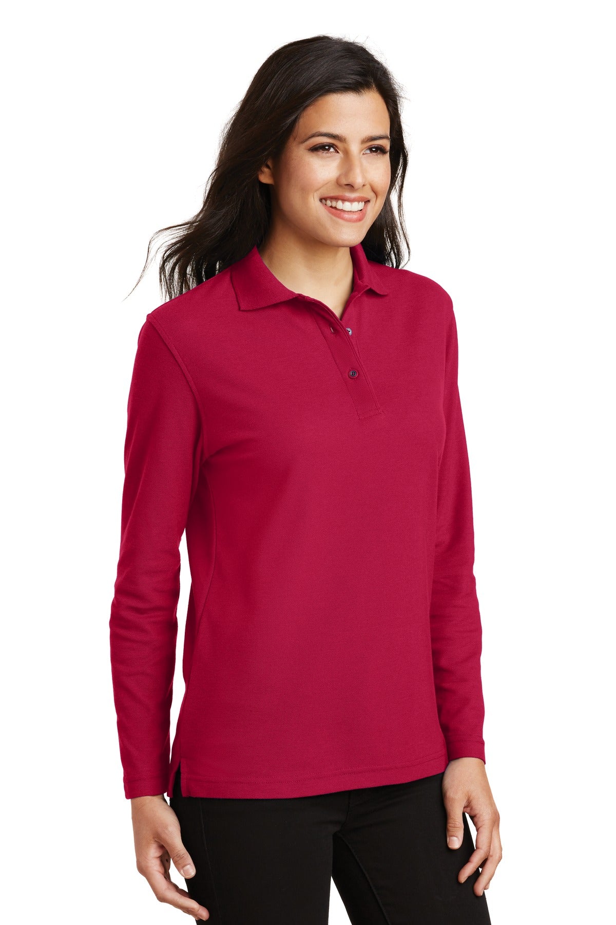 Port Authority Women's Silk Touch Long Sleeve Polo. L500LS - Red - three_q