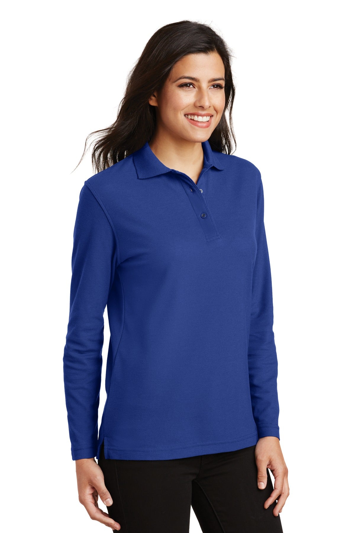Port Authority Women's Silk Touch Long Sleeve Polo. L500LS - Royal - three_q