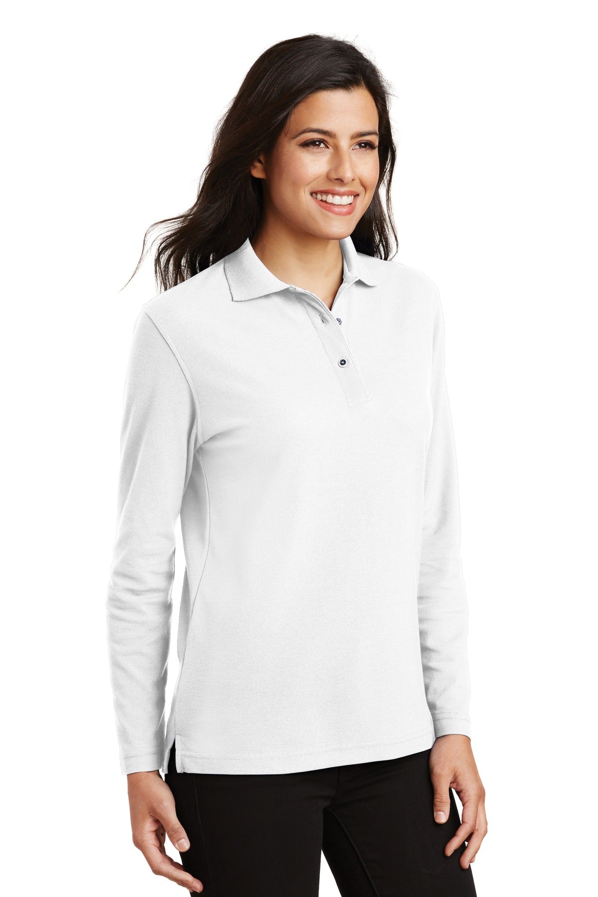 Port Authority Women's Silk Touch Long Sleeve Polo. L500LS - White - three_q