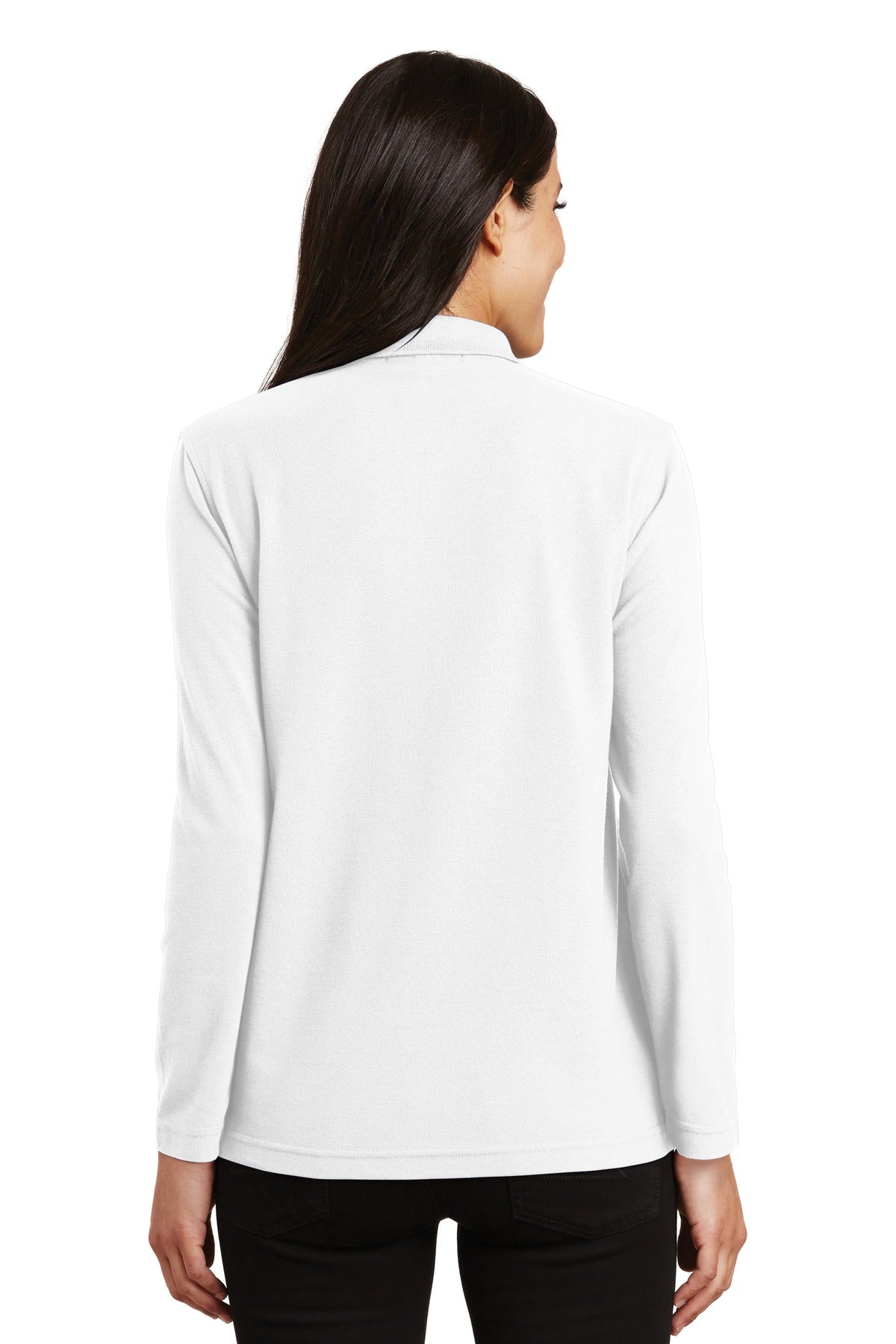 Port Authority Women's Silk Touch Long Sleeve Polo. L500LS - White - back