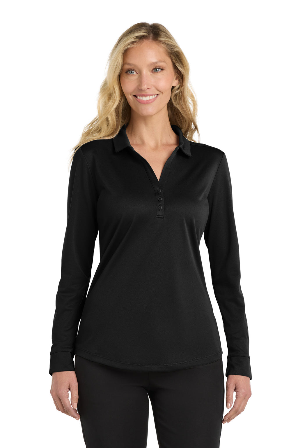 Port Authority Women's Silk Touch Performance Long Sleeve Polo. L540LS - Black - front
