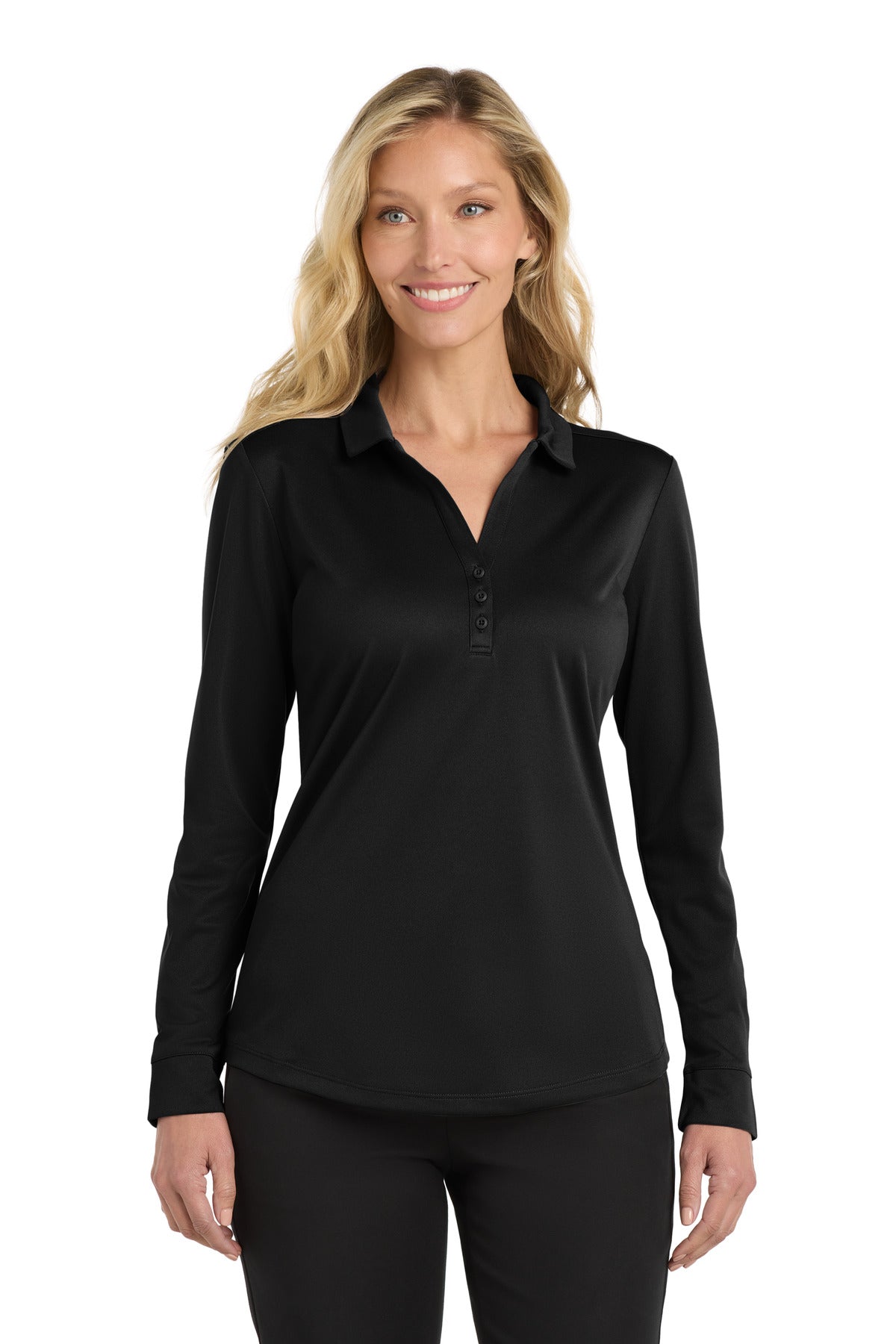 Port Authority Women's Silk Touch Performance Long Sleeve Polo. L540LS - Black - front