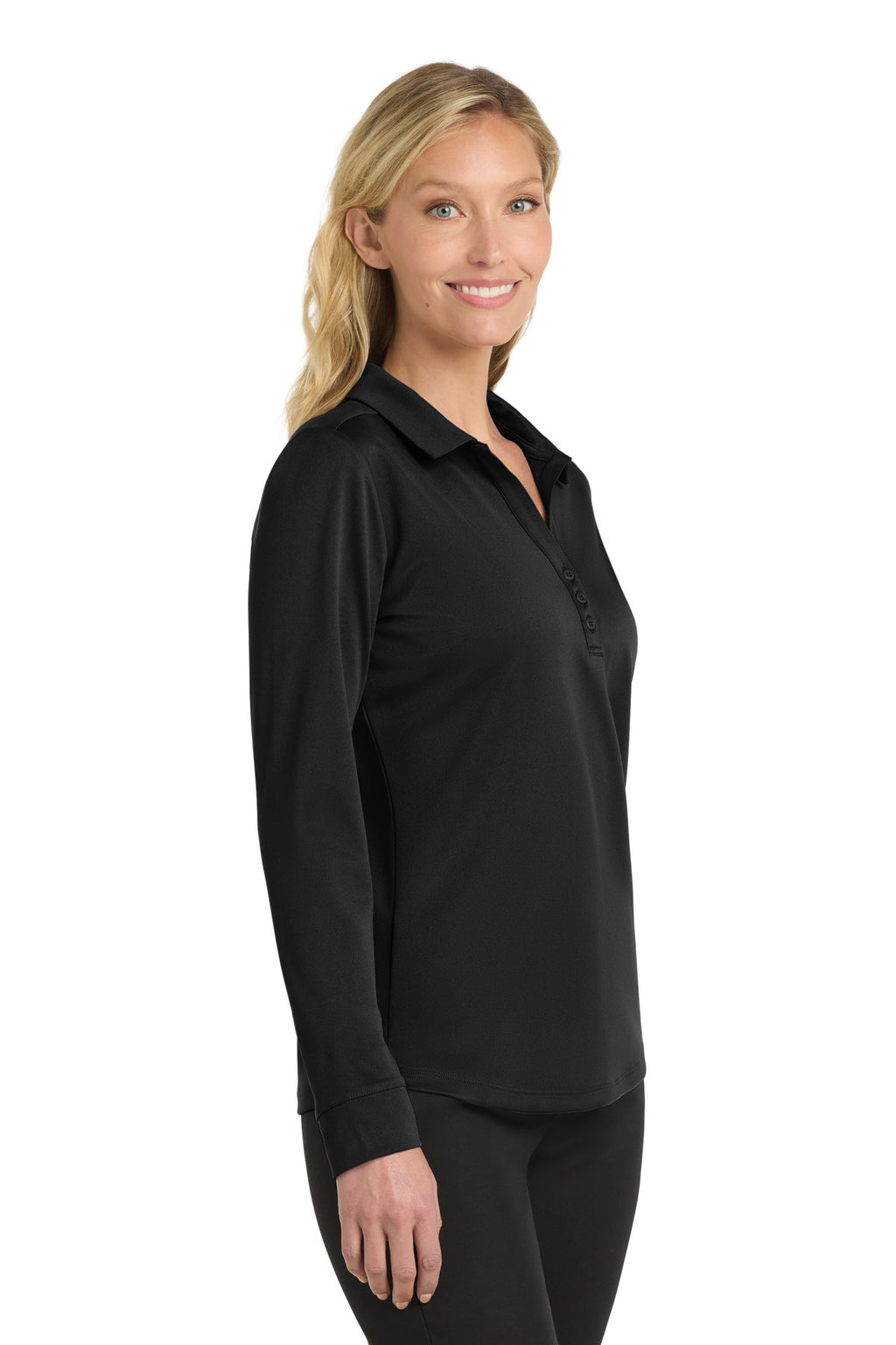 Port Authority Women's Silk Touch Performance Long Sleeve Polo. L540LS - Black - side