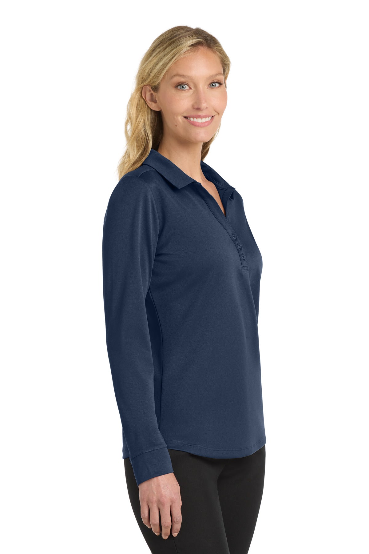 Port Authority Women's Silk Touch Performance Long Sleeve Polo. L540LS - Navy - side