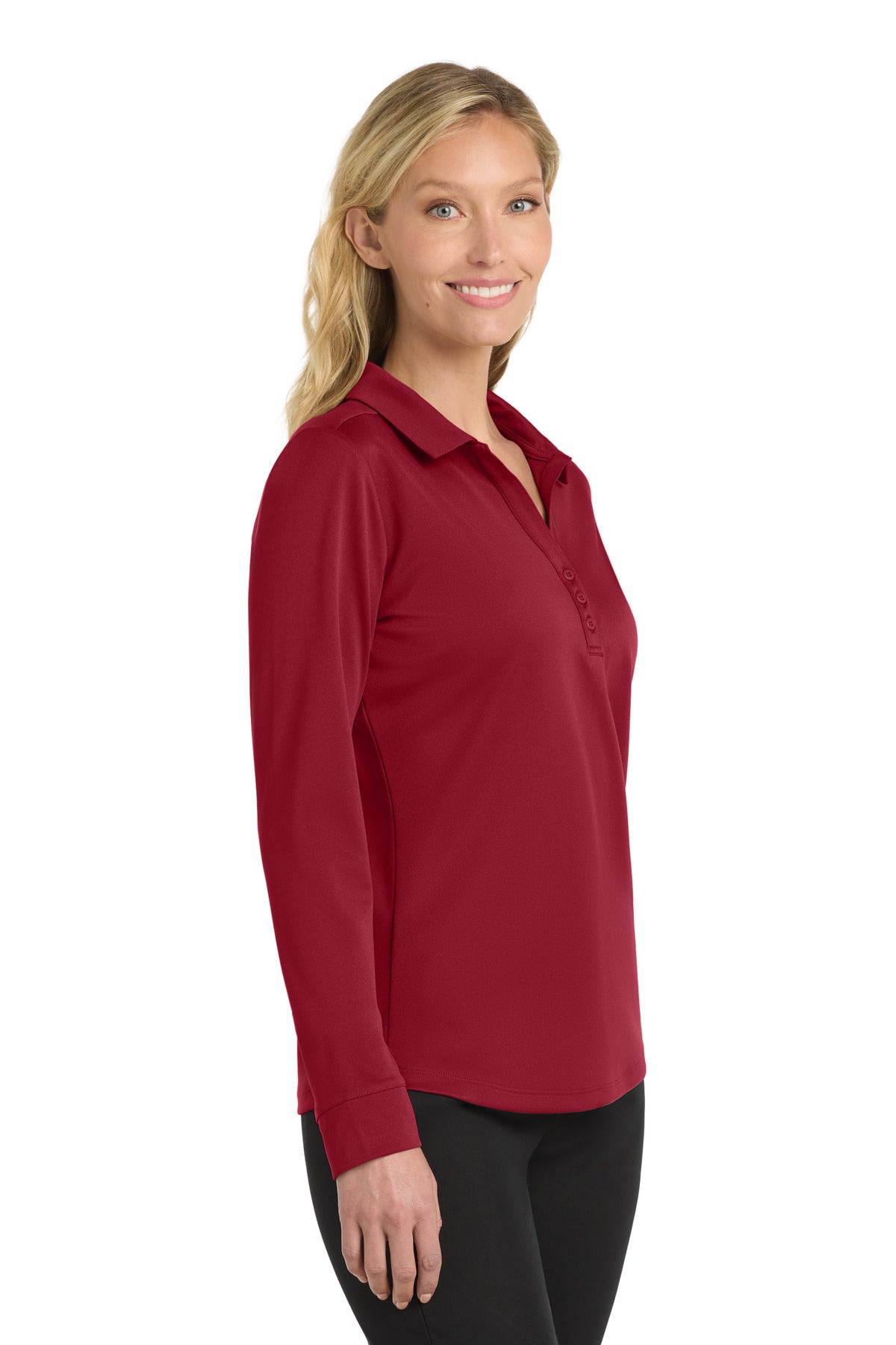 Port Authority Women's Silk Touch Performance Long Sleeve Polo. L540LS - Red - side
