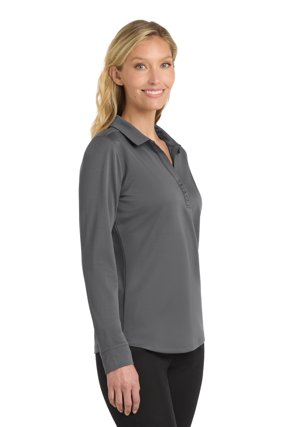 Port Authority Women's Silk Touch Performance Long Sleeve Polo. L540LS - Steel Grey - side