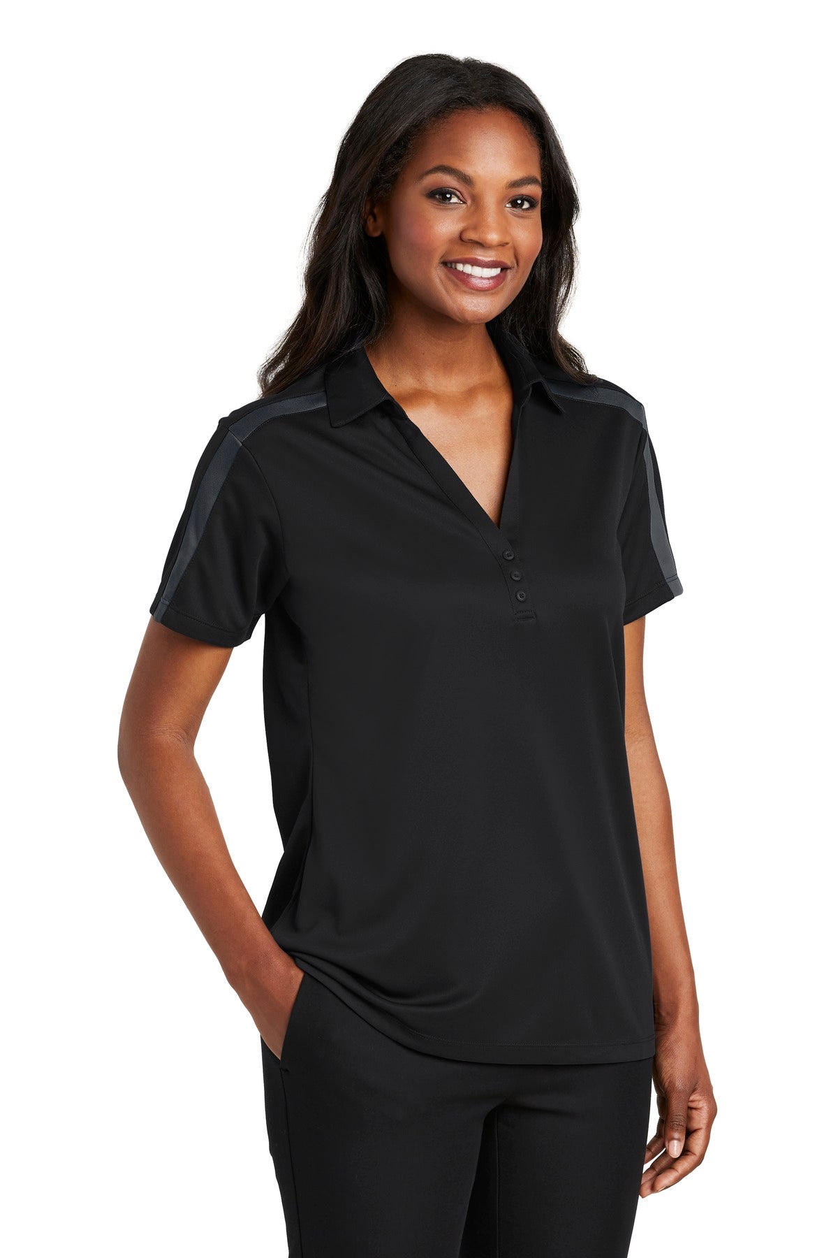 Port Authority Women's Silk Touch Performance Colorblock Stripe Polo. L547 - Black/ Steel Grey - three_q