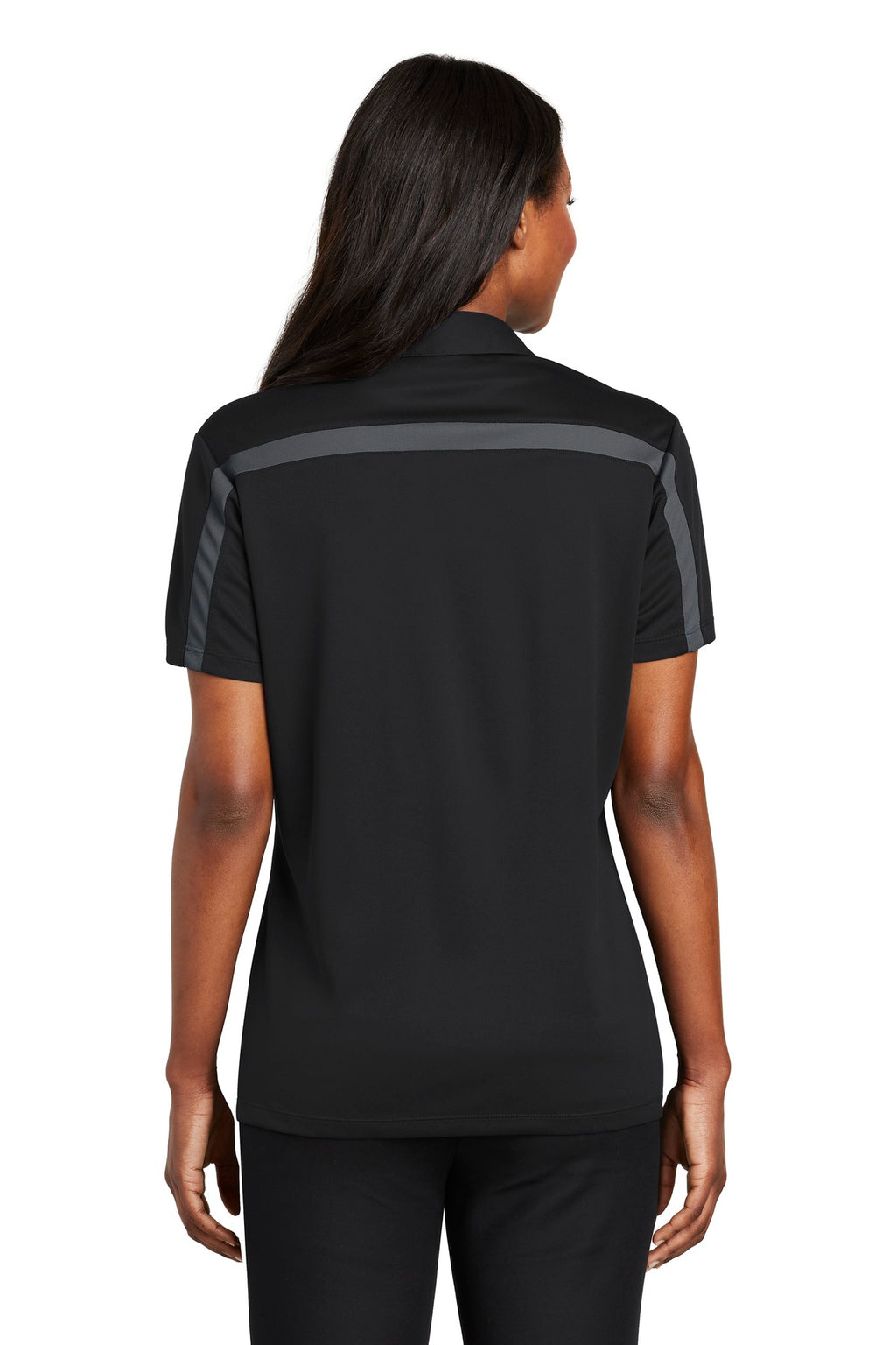 Port Authority Women's Silk Touch Performance Colorblock Stripe Polo. L547 - Black/ Steel Grey - back
