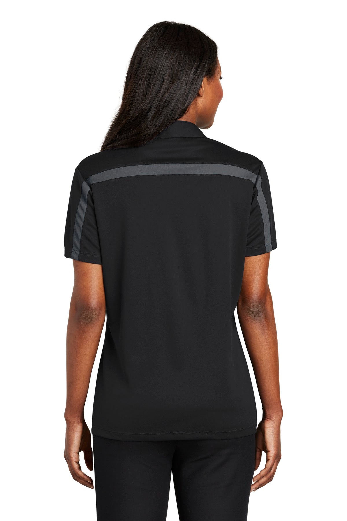 Port Authority Women's Silk Touch Performance Colorblock Stripe Polo. L547 - Black/ Steel Grey - back