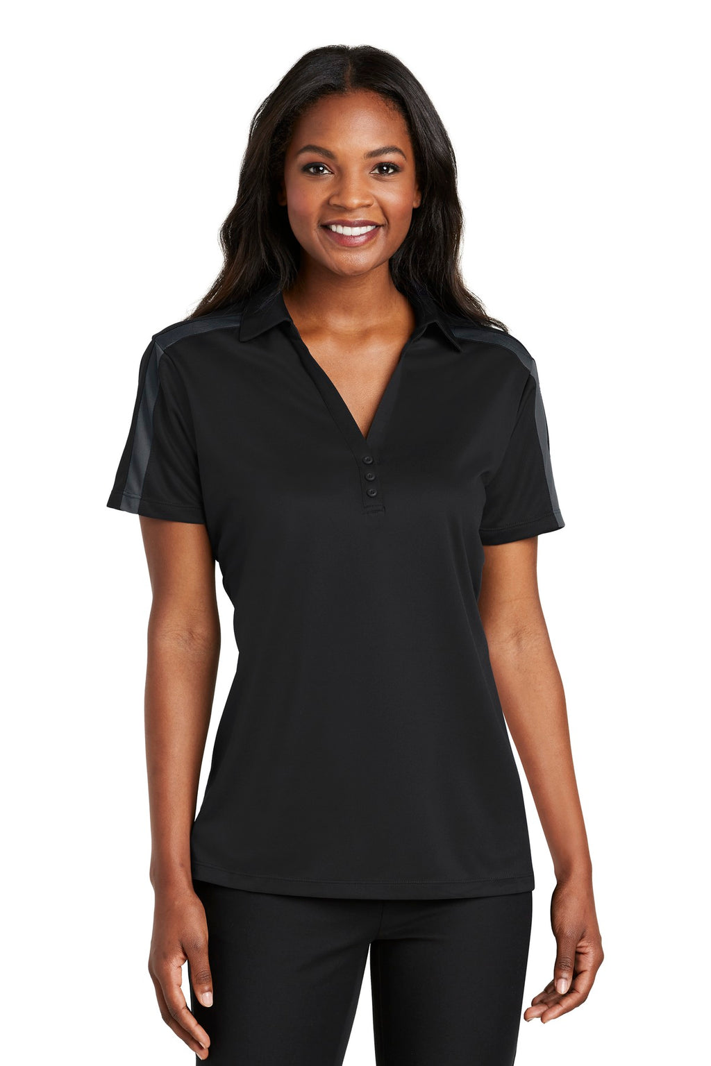 Port Authority Women's Silk Touch Performance Colorblock Stripe Polo. L547 - Black/ Steel Grey - front