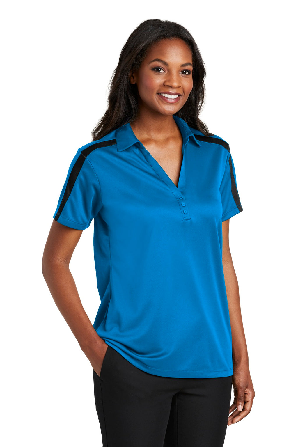 Port Authority Women's Silk Touch Performance Colorblock Stripe Polo. L547 - Brilliant Blue/ Black - three_q