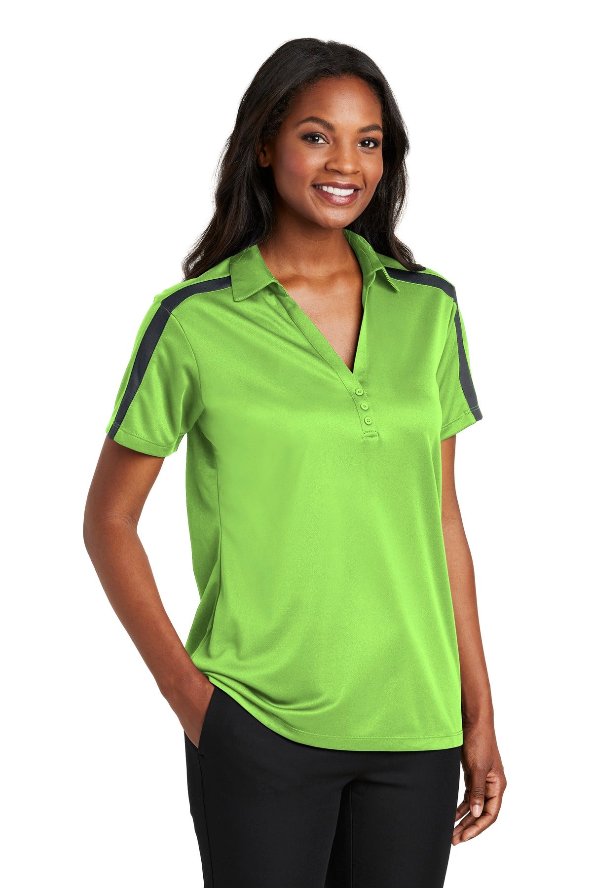 Port Authority Women's Silk Touch Performance Colorblock Stripe Polo. L547 - Lime/ Steel Grey - three_q