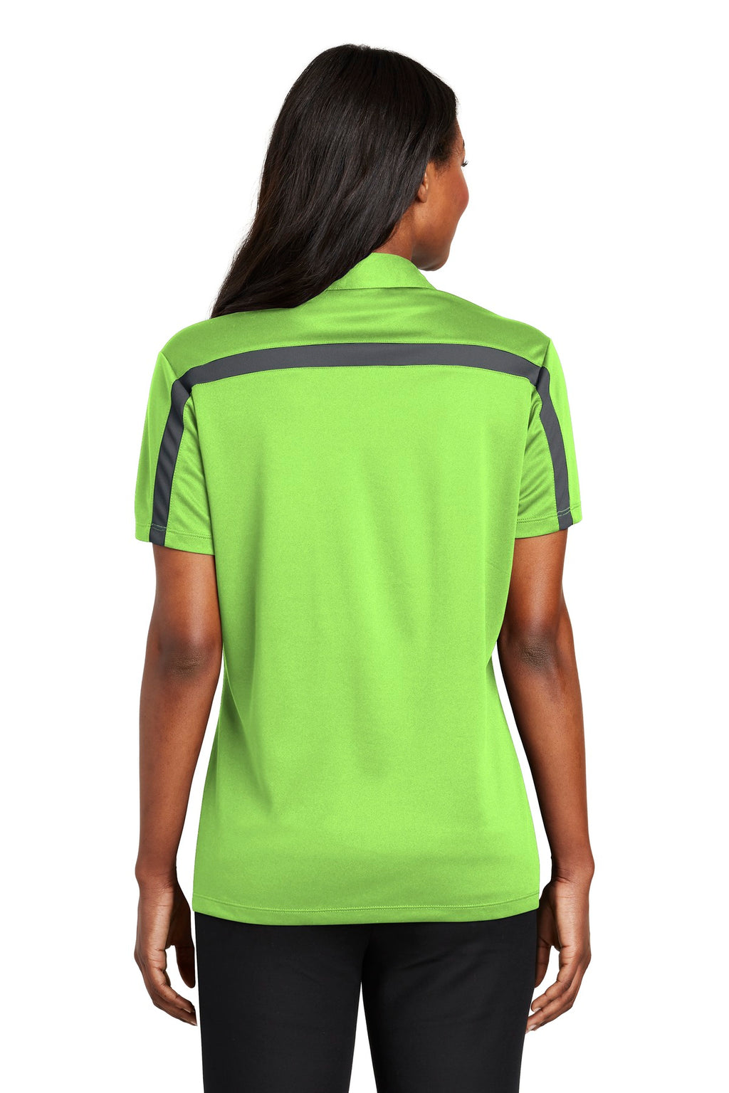 Port Authority Women's Silk Touch Performance Colorblock Stripe Polo. L547 - Lime/ Steel Grey - back