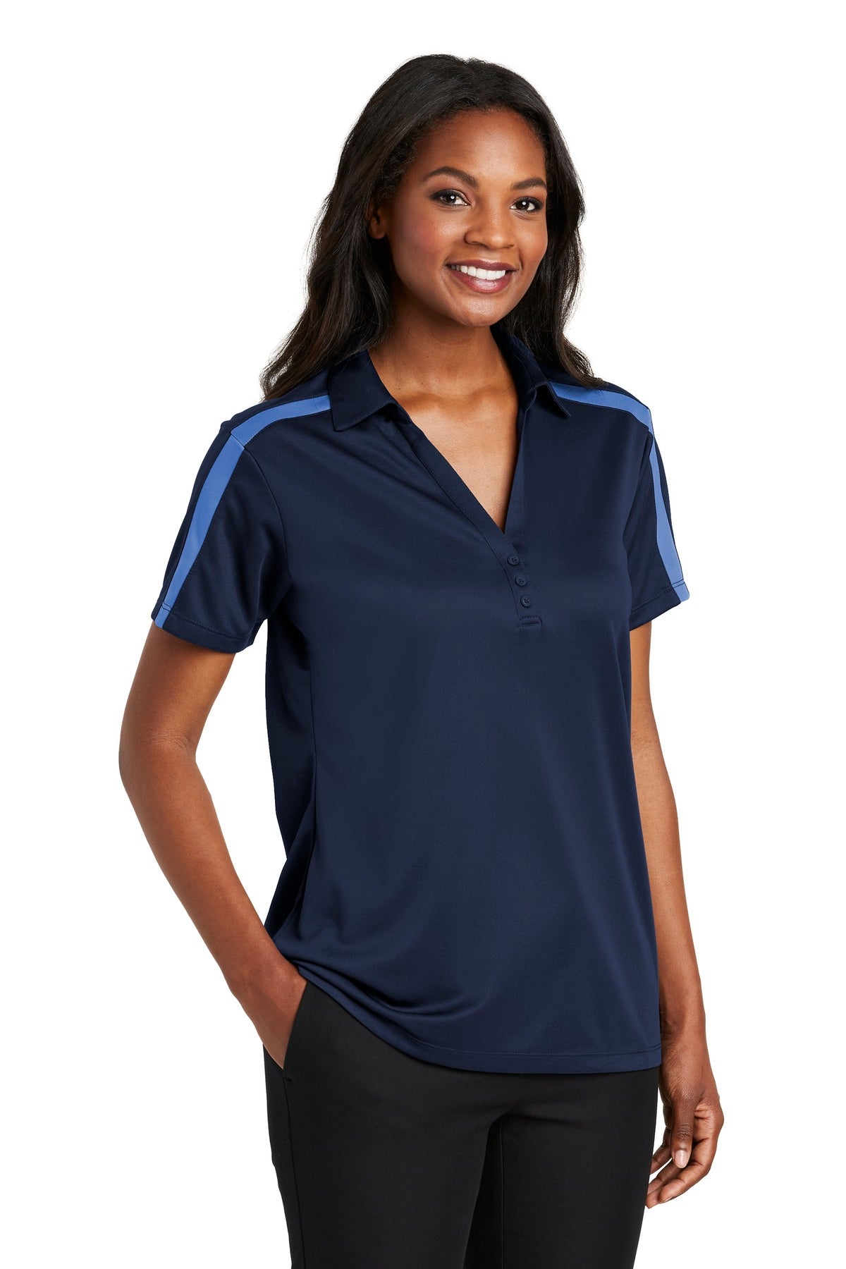 Port Authority Women's Silk Touch Performance Colorblock Stripe Polo. L547 - Navy/ Carolina Blue - three_q