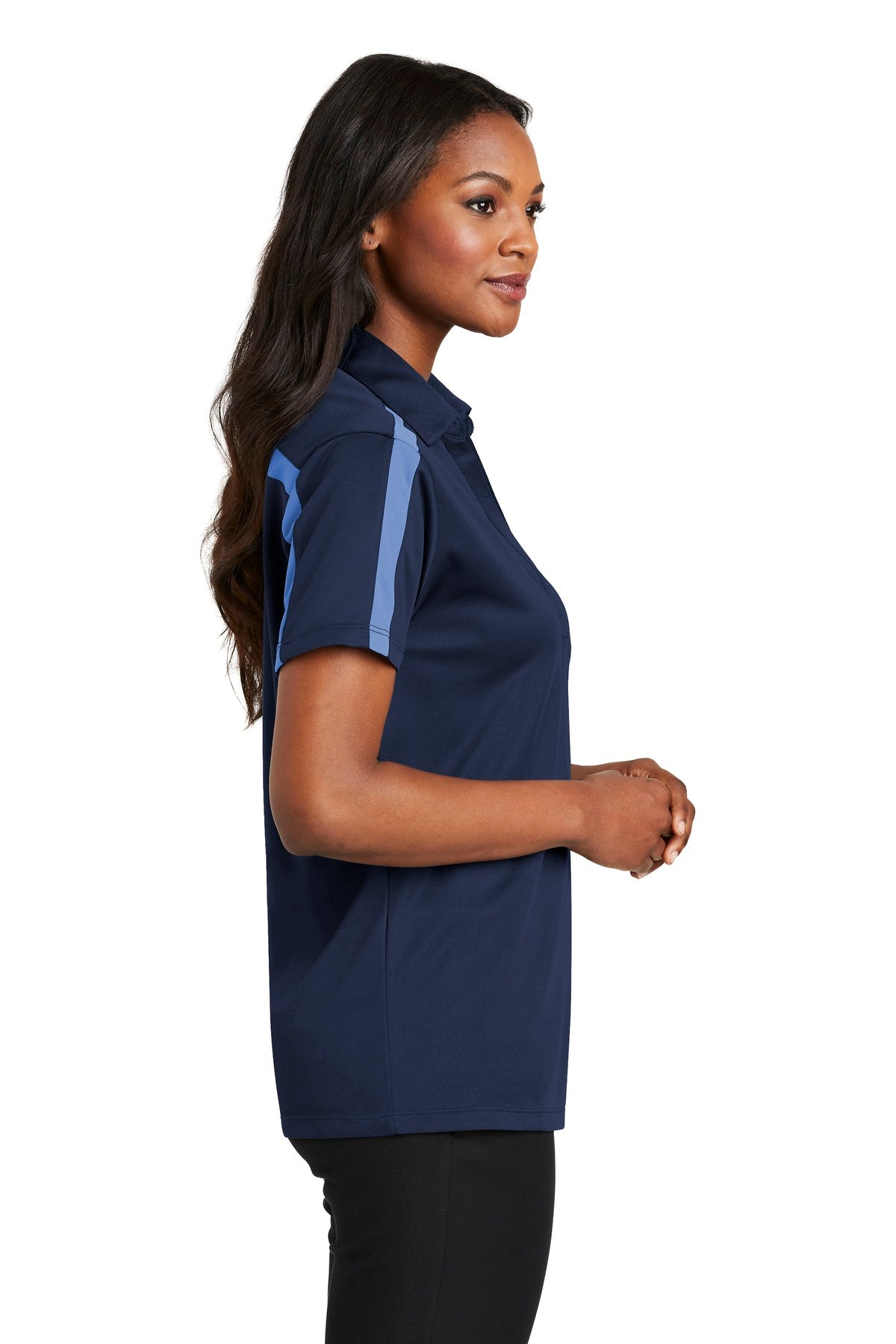 Port Authority Women's Silk Touch Performance Colorblock Stripe Polo. L547 - Navy/ Carolina Blue - side