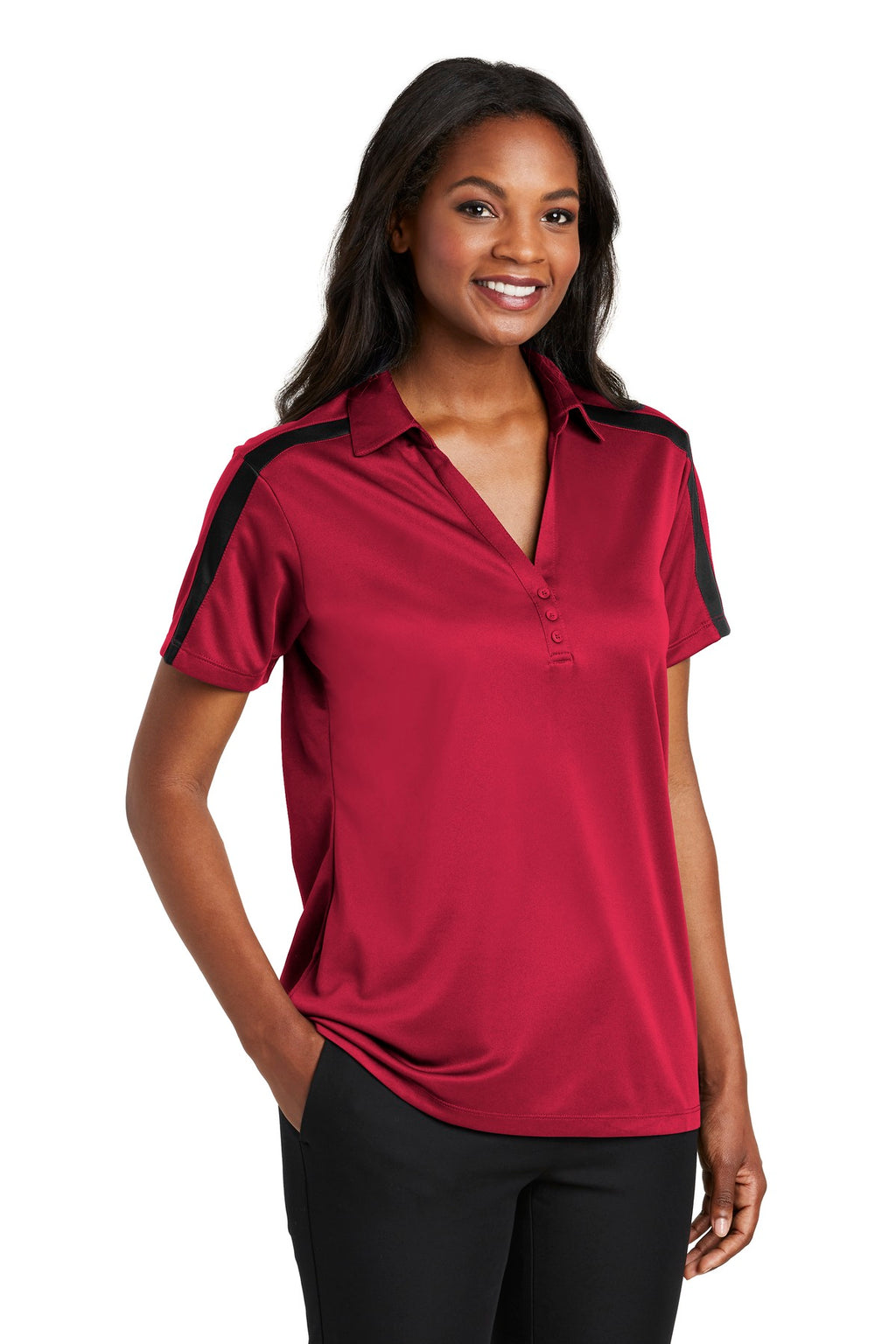 Port Authority Women's Silk Touch Performance Colorblock Stripe Polo. L547 - Red/ Black - three_q