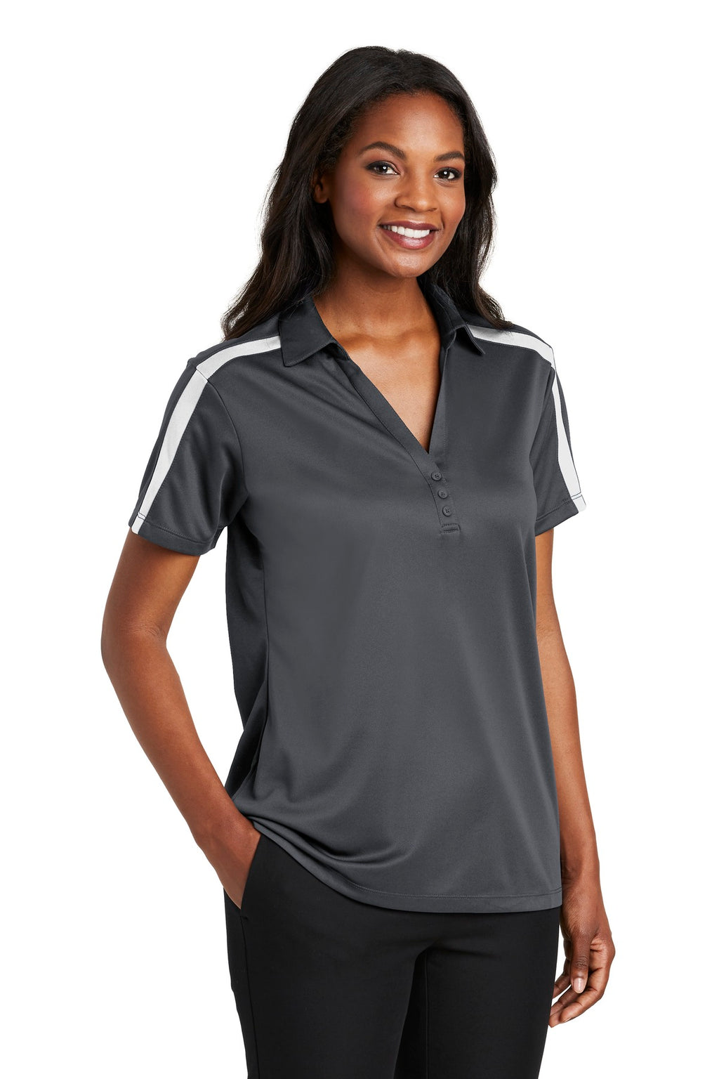 Port Authority Women's Silk Touch Performance Colorblock Stripe Polo. L547 - Steel Grey/ White - three_q
