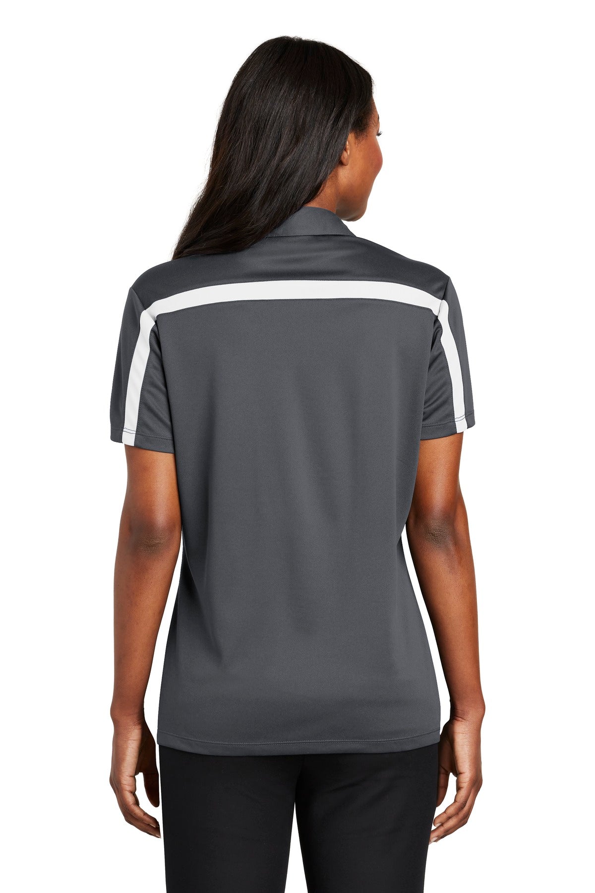 Port Authority Women's Silk Touch Performance Colorblock Stripe Polo. L547 - Steel Grey/ White - back